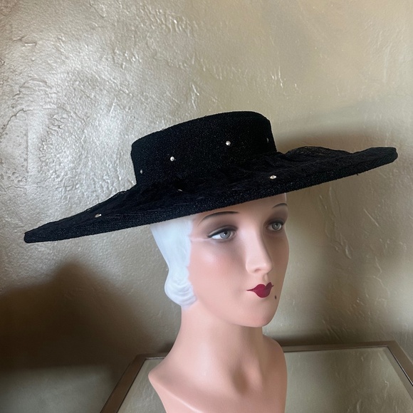 GLITZY 1950's BLACK FABRIC/LACE  WIDE BRIM HAT + RHINESTONES - Picture 1 of 11
